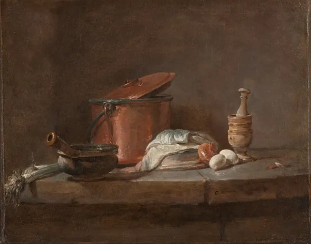 Kitchen Utensils with Leeks, Fish, and Eggs — Jean Siméon Chardin