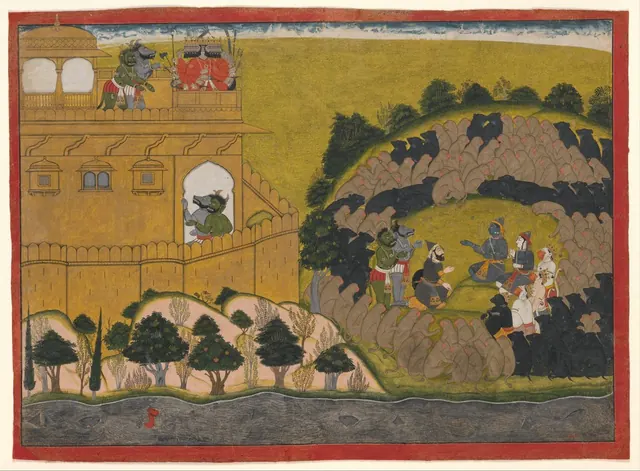 Rama Releases the Demon Spies Shuka and Sarana: Folio from the Siege of Lanka series — Attributed to Manaku