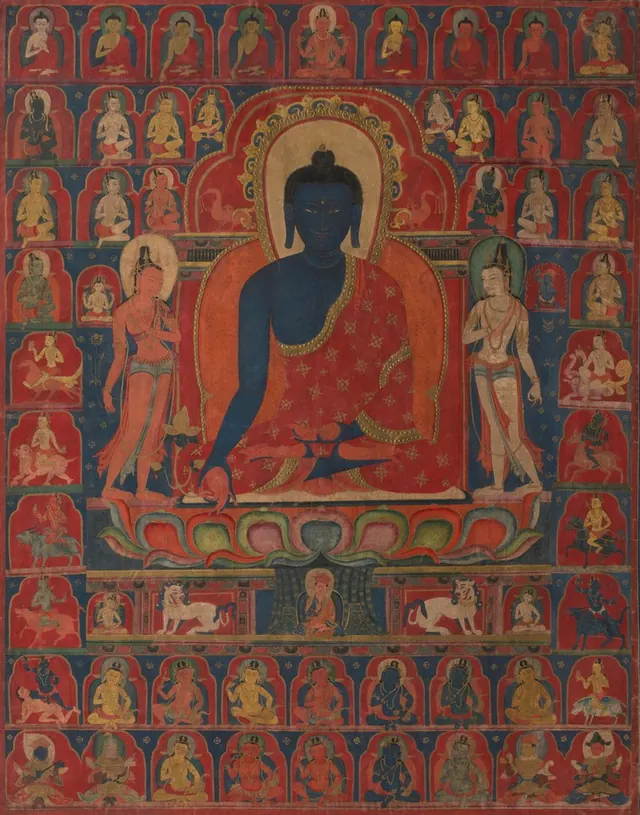 The Medicine Buddha Bhaishajyaguru With His Mandala Retinue — Unidentified Tibetan painters