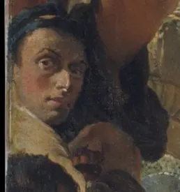 Self-portrait at the left edge of The Triumph of Marius, 1729. Detail.