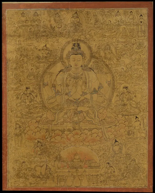 Sadaksari-Lokeshvara Surrounded by Manifestations and Monks — Unidentified Tibetan painters